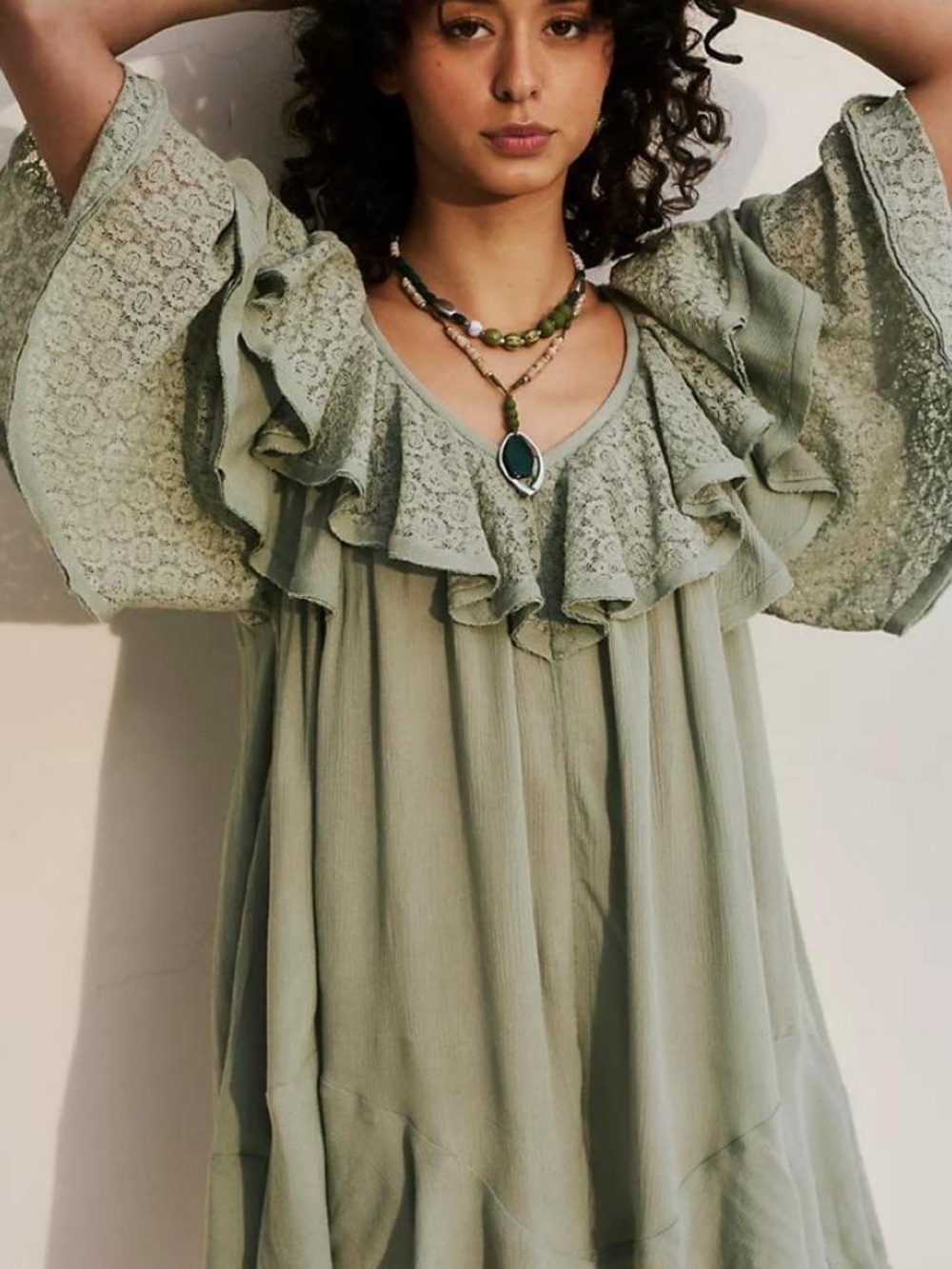 Free People Boho Ruffle Lace-Trim Peasant Romper - Sage Green